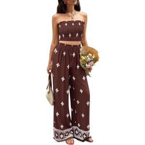 image:imagePRETTYGARDEN 2 Piece Sets for Women Summer 2026 Travel Outfits Print Tube Tops Wide Leg Pants Beach Vacation ClothesBrown