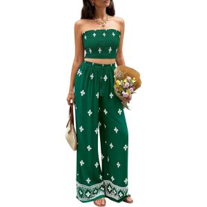 image:imagePRETTYGARDEN 2 Piece Sets for Women Summer 2026 Travel Outfits Print Tube Tops Wide Leg Pants Beach Vacation ClothesGreen
