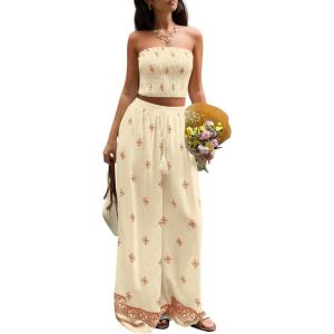 image:imagePRETTYGARDEN 2 Piece Sets for Women Summer 2026 Travel Outfits Print Tube Tops Wide Leg Pants Beach Vacation ClothesLight Yellow