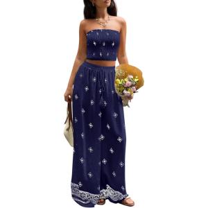 image:imagePRETTYGARDEN 2 Piece Sets for Women Summer 2026 Travel Outfits Print Tube Tops Wide Leg Pants Beach Vacation ClothesNavy Blue