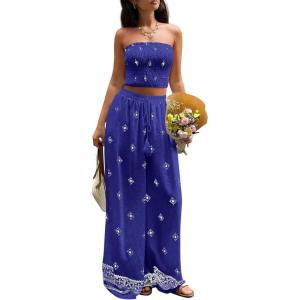 image:imagePRETTYGARDEN 2 Piece Sets for Women Summer 2026 Travel Outfits Print Tube Tops Wide Leg Pants Beach Vacation ClothesRoyal Blue