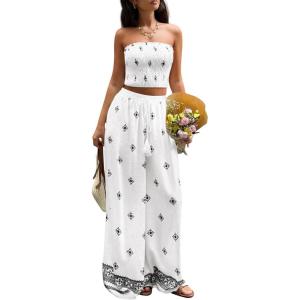 image:imagePRETTYGARDEN 2 Piece Sets for Women Summer 2026 Travel Outfits Print Tube Tops Wide Leg Pants Beach Vacation ClothesWhite