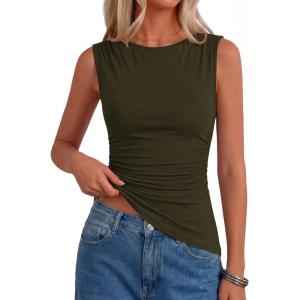 image:imagePRETTYGARDEN Asymmetrical Tank Tops for Women 2026 Summer Outfits Slim Fit Sleeveless Boat Neck Ruched Going Out TopArmy Green