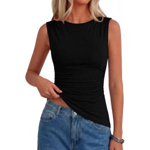 image:imagePRETTYGARDEN Asymmetrical Tank Tops for Women 2026 Summer Outfits Slim Fit Sleeveless Boat Neck Ruched Going Out TopBlack