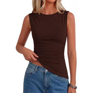 image:imagePRETTYGARDEN Asymmetrical Tank Tops for Women 2026 Summer Outfits Slim Fit Sleeveless Boat Neck Ruched Going Out TopBrown