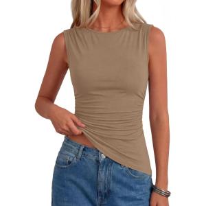 image:imagePRETTYGARDEN Asymmetrical Tank Tops for Women 2026 Summer Outfits Slim Fit Sleeveless Boat Neck Ruched Going Out TopKhaki