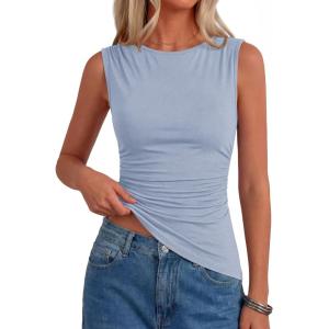 image:imagePRETTYGARDEN Asymmetrical Tank Tops for Women 2026 Summer Outfits Slim Fit Sleeveless Boat Neck Ruched Going Out TopLight Blue