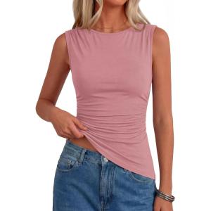 image:imagePRETTYGARDEN Asymmetrical Tank Tops for Women 2026 Summer Outfits Slim Fit Sleeveless Boat Neck Ruched Going Out TopPink