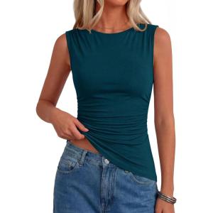 image:imagePRETTYGARDEN Asymmetrical Tank Tops for Women 2026 Summer Outfits Slim Fit Sleeveless Boat Neck Ruched Going Out TopTeal