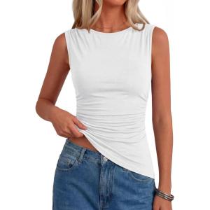 image:imagePRETTYGARDEN Asymmetrical Tank Tops for Women 2026 Summer Outfits Slim Fit Sleeveless Boat Neck Ruched Going Out TopWhite