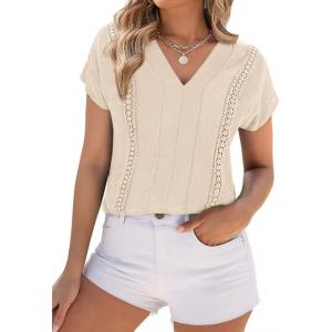 image:imagePRETTYGARDEN Blouses for Women Dressy Casual Spring 2026 Cap Sleeve V Neck Lace Trim Boho Tops Work Shirts Summer ClothesBeige