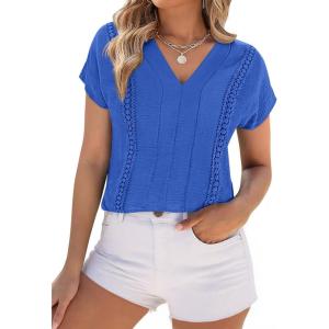 image:imagePRETTYGARDEN Blouses for Women Dressy Casual Spring 2026 Cap Sleeve V Neck Lace Trim Boho Tops Work Shirts Summer ClothesBlue