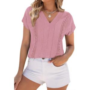 image:imagePRETTYGARDEN Blouses for Women Dressy Casual Spring 2026 Cap Sleeve V Neck Lace Trim Boho Tops Work Shirts Summer ClothesPink