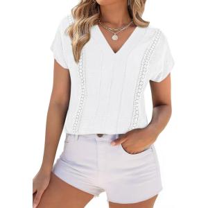 image:imagePRETTYGARDEN Blouses for Women Dressy Casual Spring 2026 Cap Sleeve V Neck Lace Trim Boho Tops Work Shirts Summer ClothesWhite
