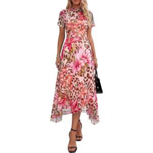 image:imagePRETTYGARDEN Cocktail Dresses for Women 2026 Summer Short Sleeve Floral Mesh Sheer Midi Party Wedding Guest DressFloral Apricot Leopard