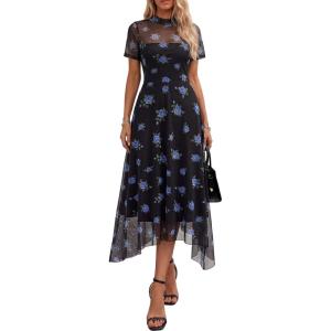 image:imagePRETTYGARDEN Cocktail Dresses for Women 2026 Summer Short Sleeve Floral Mesh Sheer Midi Party Wedding Guest DressFloral Black Blue