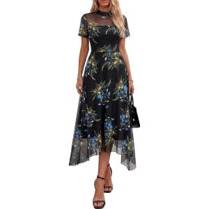 image:imagePRETTYGARDEN Cocktail Dresses for Women 2026 Summer Short Sleeve Floral Mesh Sheer Midi Party Wedding Guest DressFloral Black Blue Yellow
