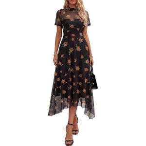 image:imagePRETTYGARDEN Cocktail Dresses for Women 2026 Summer Short Sleeve Floral Mesh Sheer Midi Party Wedding Guest DressFloral Black Orange