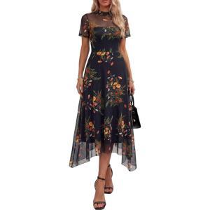 image:imagePRETTYGARDEN Cocktail Dresses for Women 2026 Summer Short Sleeve Floral Mesh Sheer Midi Party Wedding Guest DressFloral Black Yellow