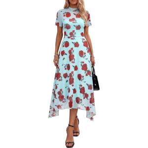 image:imagePRETTYGARDEN Cocktail Dresses for Women 2026 Summer Short Sleeve Floral Mesh Sheer Midi Party Wedding Guest DressFloral Blue Red