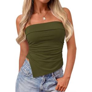 image:imagePRETTYGARDEN Going Out Tube Tops for Women Trendy Summer 2026 Asymmetrical Ruched Strapless Bandeau Shirts Spring ClothesArmy Green