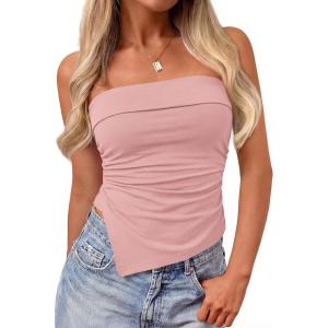 image:imagePRETTYGARDEN Going Out Tube Tops for Women Trendy Summer 2026 Asymmetrical Ruched Strapless Bandeau Shirts Spring ClothesPink