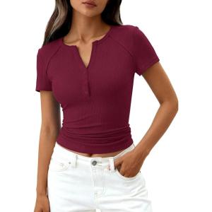 image:imagePRETTYGARDEN Henley Shirts for Women 2026 Summer Short Sleeve Tops V Neck Basic Tees Fitted Ribbed Button Up Work ShirtsBurgundy