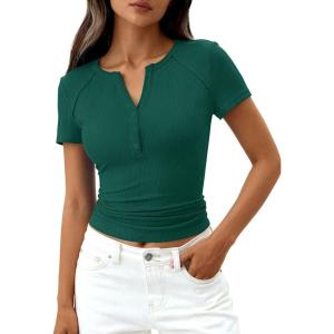 image:imagePRETTYGARDEN Henley Shirts for Women 2026 Summer Short Sleeve Tops V Neck Basic Tees Fitted Ribbed Button Up Work ShirtsDark Green
