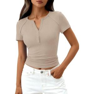 image:imagePRETTYGARDEN Henley Shirts for Women 2026 Summer Short Sleeve Tops V Neck Basic Tees Fitted Ribbed Button Up Work ShirtsLight Khaki