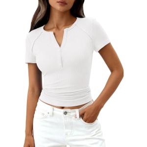 image:imagePRETTYGARDEN Henley Shirts for Women 2026 Summer Short Sleeve Tops V Neck Basic Tees Fitted Ribbed Button Up Work ShirtsWhite