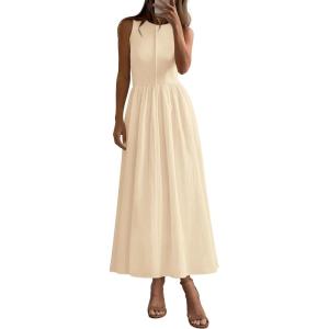 image:imagePRETTYGARDEN Maxi Dresses for Women 2026 Summer Casual Sleeveless Patchwork Flowy Vacation Sundress Knit Long Work Tank DressBeige