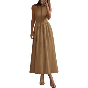 image:imagePRETTYGARDEN Maxi Dresses for Women 2026 Summer Casual Sleeveless Patchwork Flowy Vacation Sundress Knit Long Work Tank DressKhaki