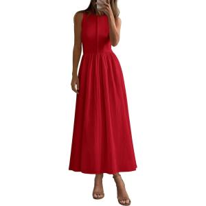 image:imagePRETTYGARDEN Maxi Dresses for Women 2026 Summer Casual Sleeveless Patchwork Flowy Vacation Sundress Knit Long Work Tank DressRed