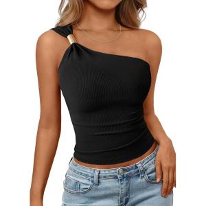 image:imagePRETTYGARDEN One Shoulder Going Out Tops for Women Trendy 2026 Summer Y2K Clothes Sleeveless Fitted Spring Fashion ShirtsBlack