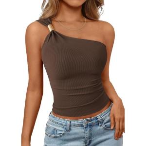 image:imagePRETTYGARDEN One Shoulder Going Out Tops for Women Trendy 2026 Summer Y2K Clothes Sleeveless Fitted Spring Fashion ShirtsBrown