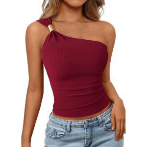 image:imagePRETTYGARDEN One Shoulder Going Out Tops for Women Trendy 2026 Summer Y2K Clothes Sleeveless Fitted Spring Fashion ShirtsBurgundy