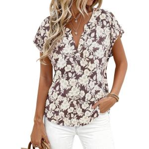 image:imagePRETTYGARDEN Rolled Short Sleeve Womens Tops Dressy Casual T Shirts Summer Floral V Neck Chiffon Blouses Vacation OutfitsBrown White Floral