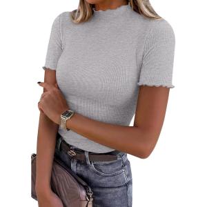 image:imagePRETTYGARDEN Short Sleeve T Shirts for Women Summer Clothes 2026 Casual Spring Tops Ruffle Mock Neck Ribbed Fitted Basic TeesGrey