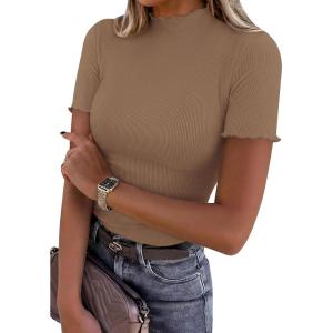 image:imagePRETTYGARDEN Short Sleeve T Shirts for Women Summer Clothes 2026 Casual Spring Tops Ruffle Mock Neck Ribbed Fitted Basic TeesLight Brown
