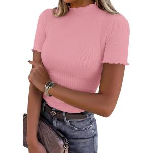 image:imagePRETTYGARDEN Short Sleeve T Shirts for Women Summer Clothes 2026 Casual Spring Tops Ruffle Mock Neck Ribbed Fitted Basic TeesPink
