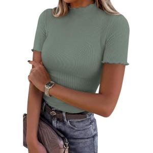 image:imagePRETTYGARDEN Short Sleeve T Shirts for Women Summer Clothes 2026 Casual Spring Tops Ruffle Mock Neck Ribbed Fitted Basic TeesSage Green