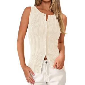 image:imagePRETTYGARDEN Sleeveless Button Down Shirts for Women Summer 2026 Going Out Ribbed Knit Tank Tops Y2K Clothes Trendy Vest TopsApricot