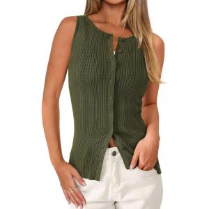 image:imagePRETTYGARDEN Sleeveless Button Down Shirts for Women Summer 2026 Going Out Ribbed Knit Tank Tops Y2K Clothes Trendy Vest TopsArmy Green