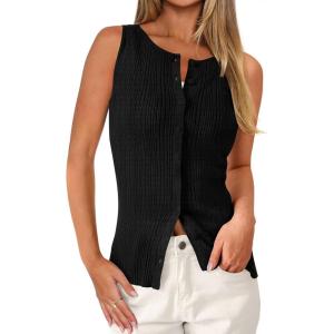 image:imagePRETTYGARDEN Sleeveless Button Down Shirts for Women Summer 2026 Going Out Ribbed Knit Tank Tops Y2K Clothes Trendy Vest TopsBlack