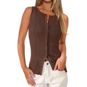 image:imagePRETTYGARDEN Sleeveless Button Down Shirts for Women Summer 2026 Going Out Ribbed Knit Tank Tops Y2K Clothes Trendy Vest TopsBrown