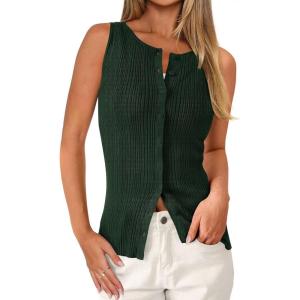 image:imagePRETTYGARDEN Sleeveless Button Down Shirts for Women Summer 2026 Going Out Ribbed Knit Tank Tops Y2K Clothes Trendy Vest TopsDark Green