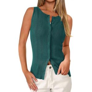 image:imagePRETTYGARDEN Sleeveless Button Down Shirts for Women Summer 2026 Going Out Ribbed Knit Tank Tops Y2K Clothes Trendy Vest TopsMalachite Green