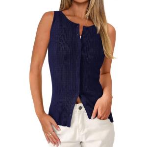 image:imagePRETTYGARDEN Sleeveless Button Down Shirts for Women Summer 2026 Going Out Ribbed Knit Tank Tops Y2K Clothes Trendy Vest TopsNavy