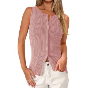 image:imagePRETTYGARDEN Sleeveless Button Down Shirts for Women Summer 2026 Going Out Ribbed Knit Tank Tops Y2K Clothes Trendy Vest TopsPink