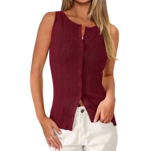 image:imagePRETTYGARDEN Sleeveless Button Down Shirts for Women Summer 2026 Going Out Ribbed Knit Tank Tops Y2K Clothes Trendy Vest TopsWine Red